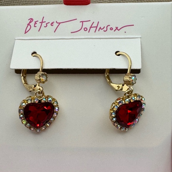 New W/ Tags Betsey Johnson Radish Heart Drop Earrings Iridescent Crystal Accents - Picture 7 of 11